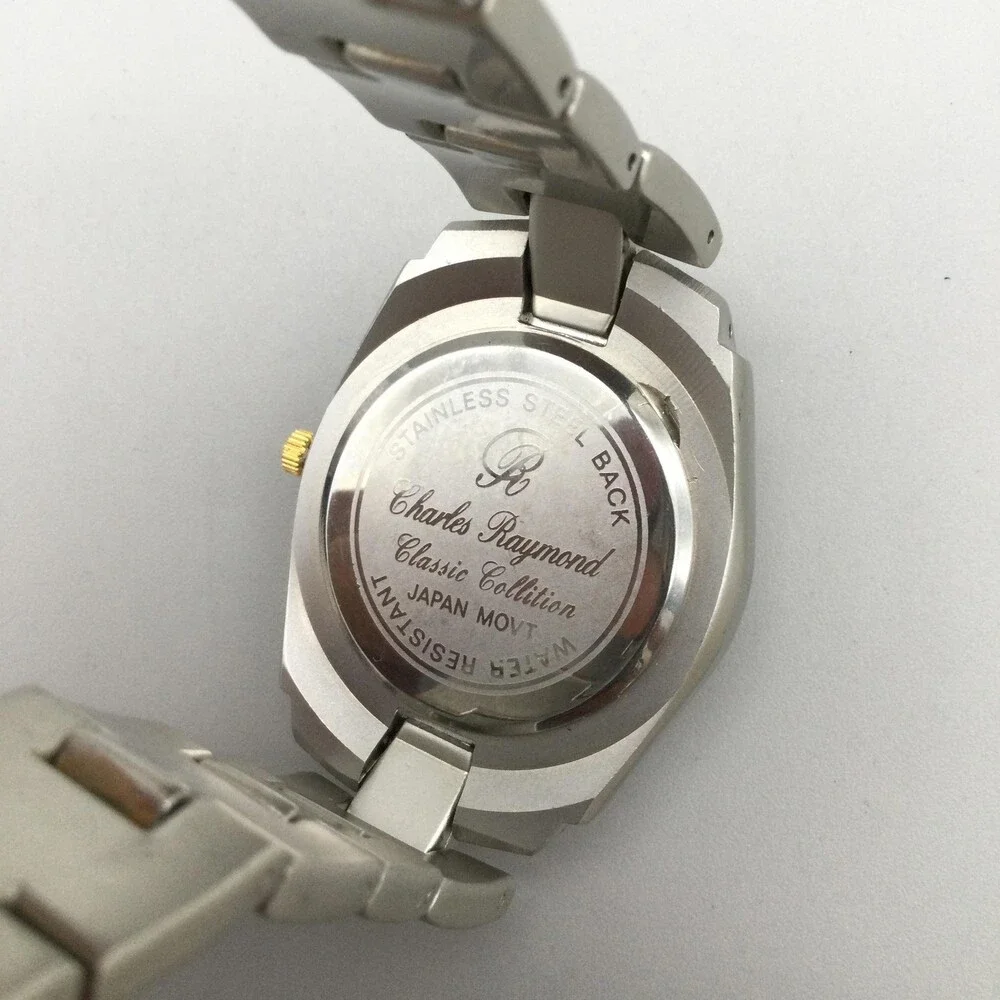 Charles Raymond Classic Mens Watch 38mm Black Dial Two Tone New Battery 8.5